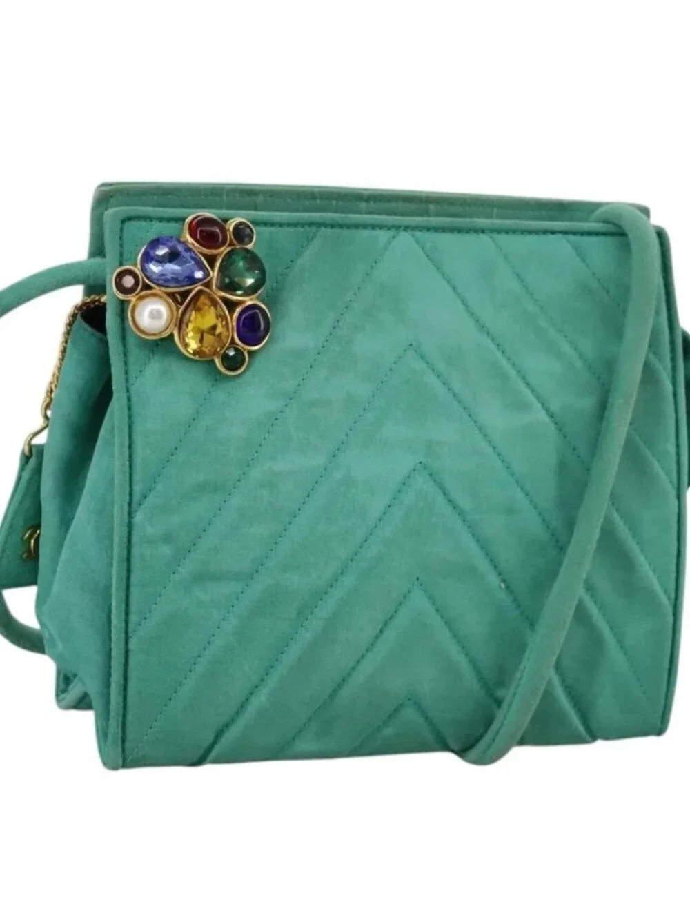 CHANEL V stitch Shoulder Bag Nylon Green Gold CC Auth 107879